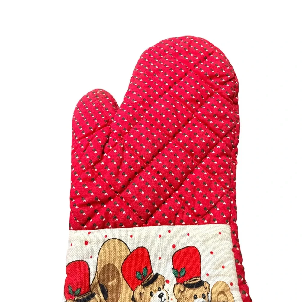 Vintage Christmas Teddy Bear Toy Soldier Red Quilted Oven Mitt Holiday Kitchen